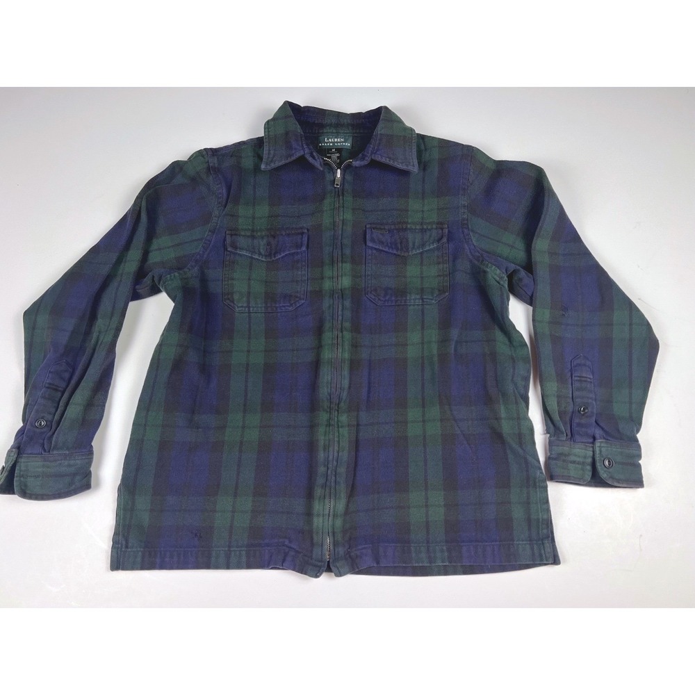 Lauren Ralph Lauren Womens Medium Flannel Shirt Jacket Full Zip Plaid Blue Green